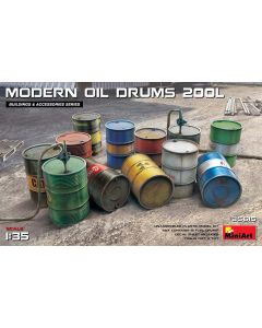 Plastbyggesett, miniart-35615-modern-oil-drums-200-liters-12-pcs-scale-1-25, MIA35615